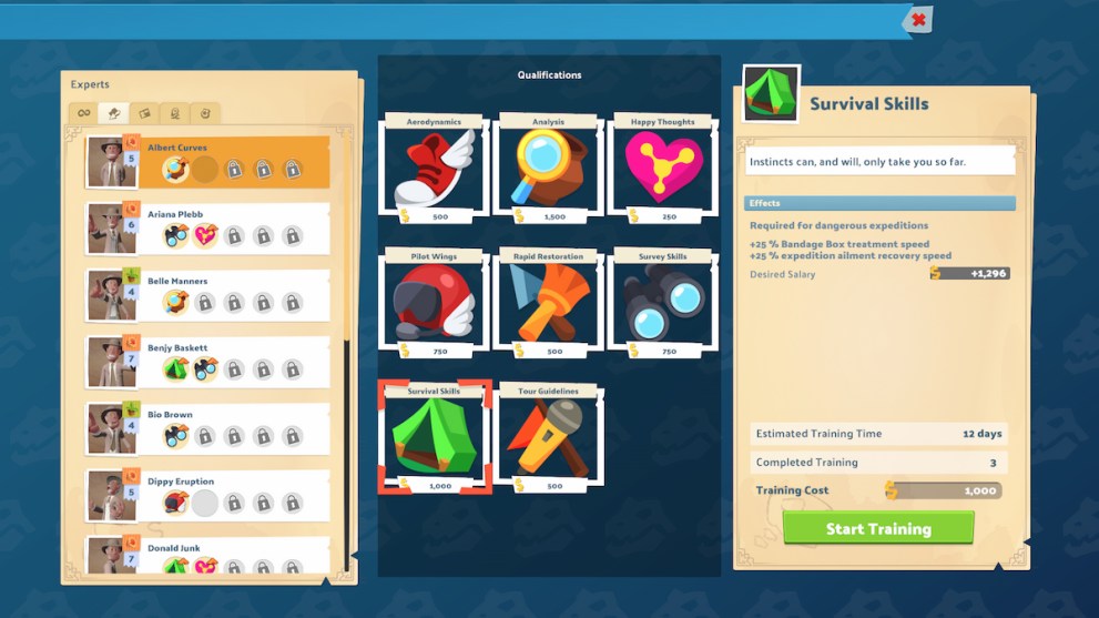 Two Point Museum expert skills list